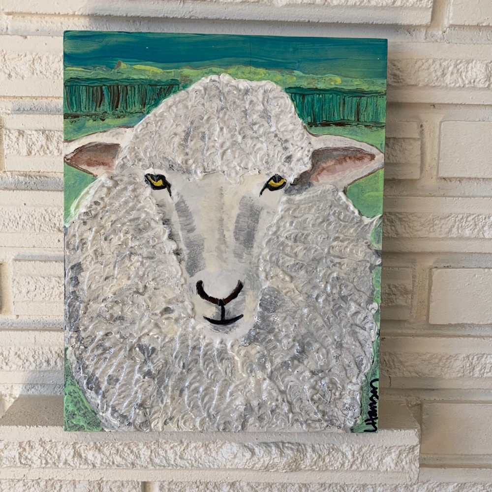 HOST PICK⭐️ Wooly Sheep Acrylic & Glue Painting by Laura Hansen Plywood Canvas